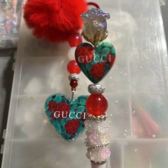 Pom Pom Beaded Keychain with Heart Charm and Matching Pen. - Picture 2 of 2